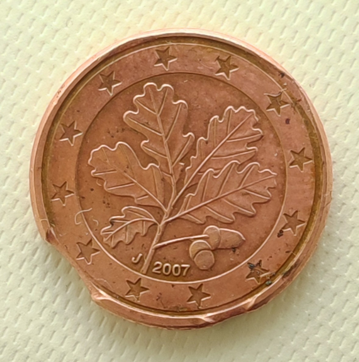 1-Euro-Cent-2007-J-Germany---2x-Clipped-Planchet-From-Circulation